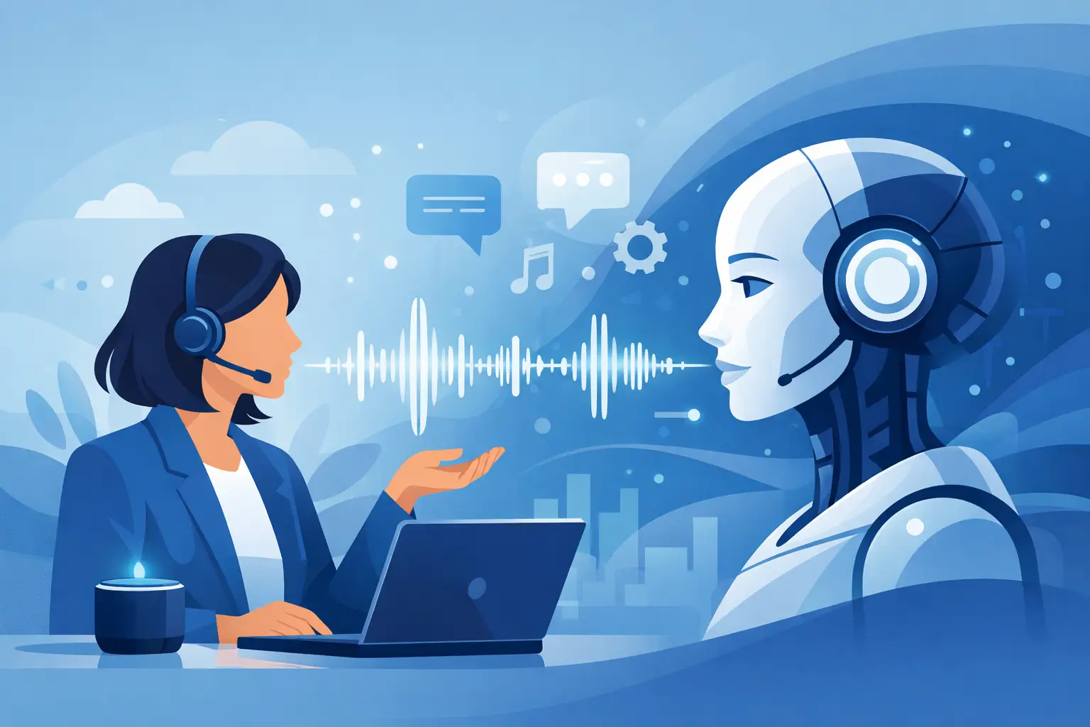 Illustration of an AI voice assistant handling a business phone call with headset, waveform graphics, and call interface elements