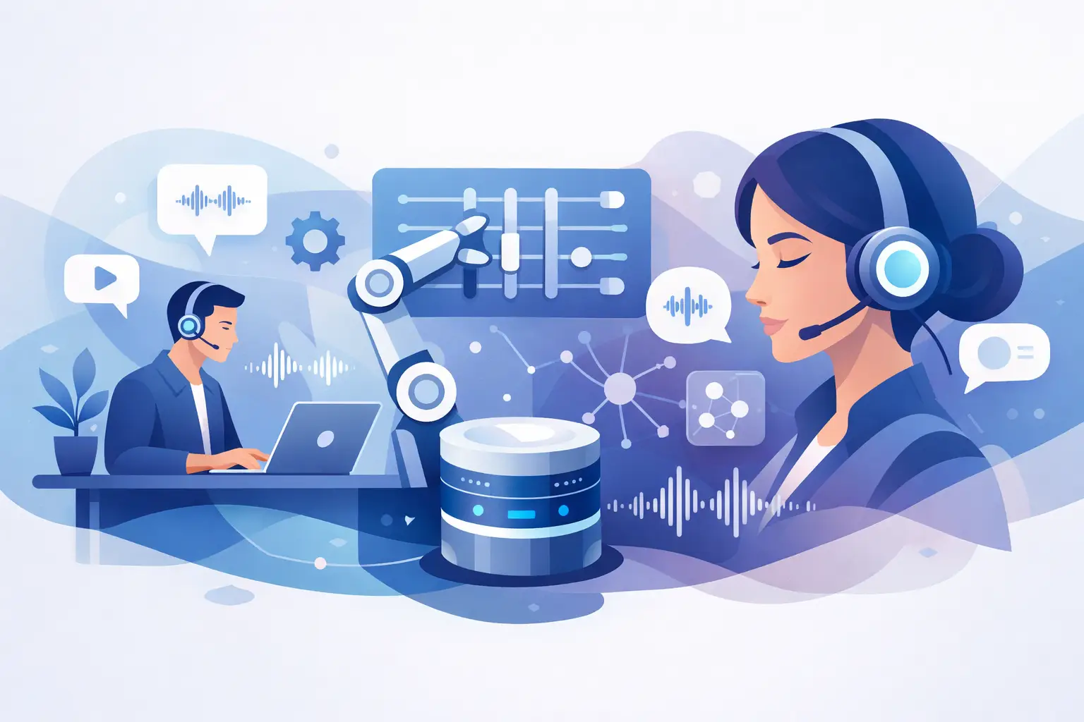 Customer service headset, AI waveform and dashboard overlay representing AI voice agent training and call automation