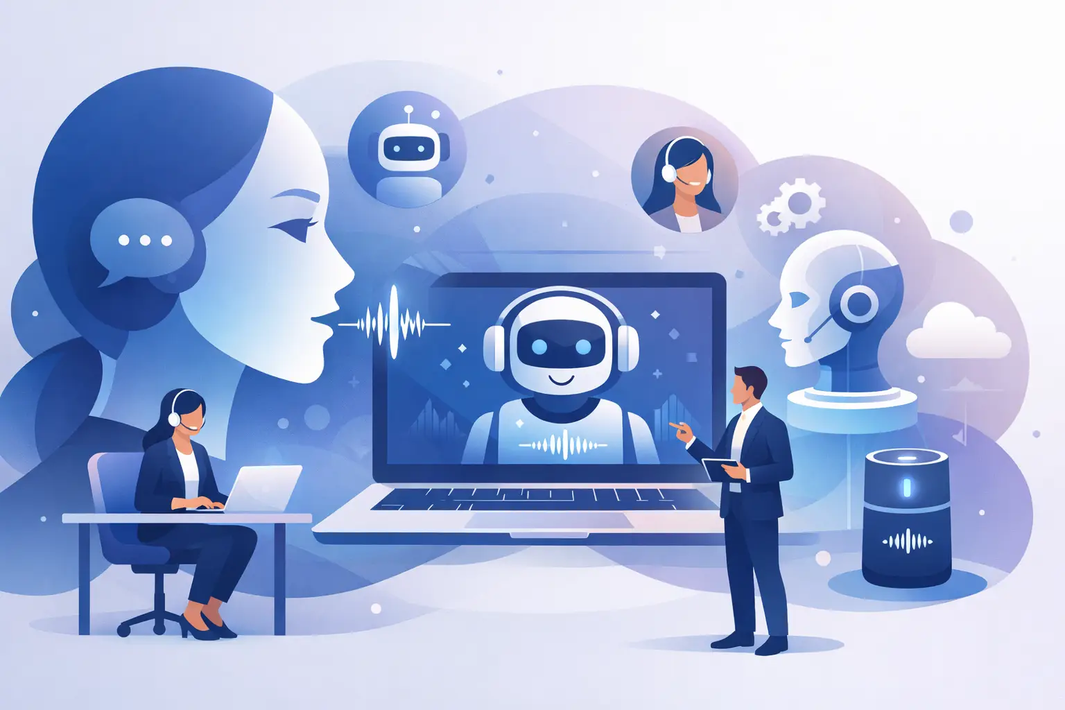 Abstract illustration of an AI voice agent handling a business phone call with waveform and integration icons (CRM, calendar, webhooks)