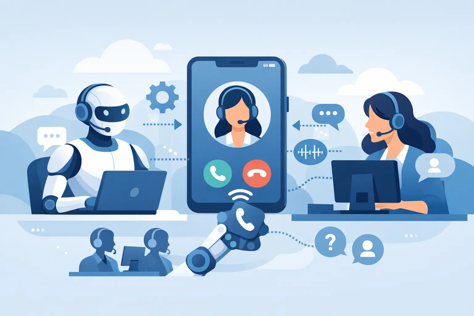 Illustration of a modern voice agent handling customer support calls with icons for automation, phone, and CRM integration