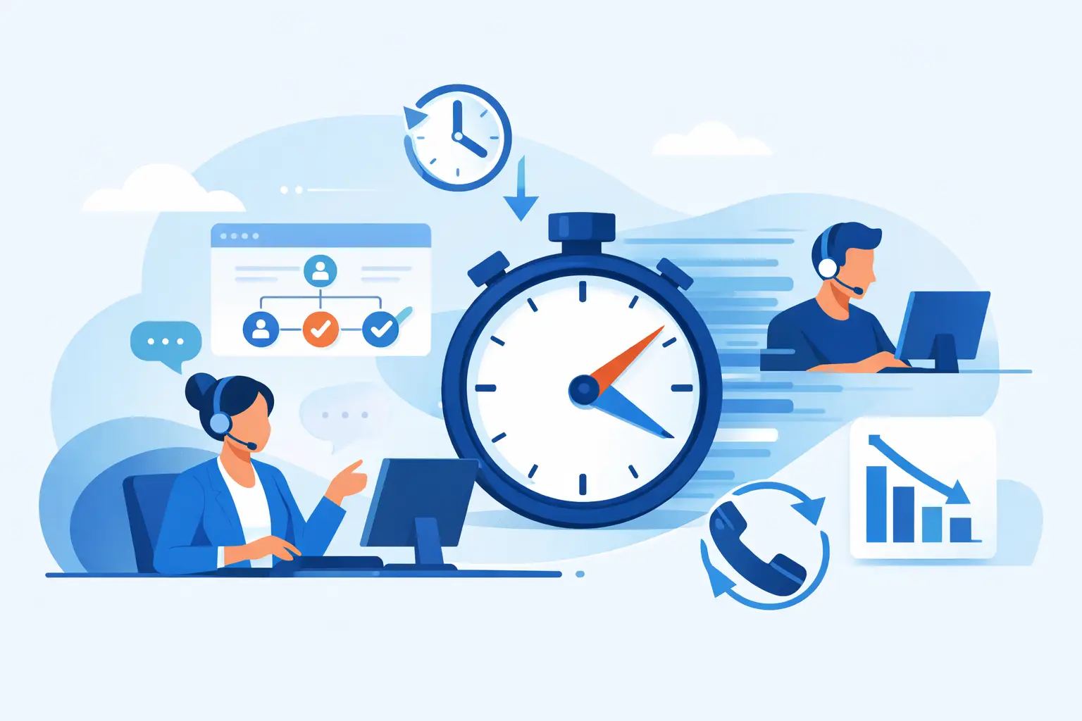 Customer support agent on headset working at a computer with a dashboard showing call metrics and routing flow