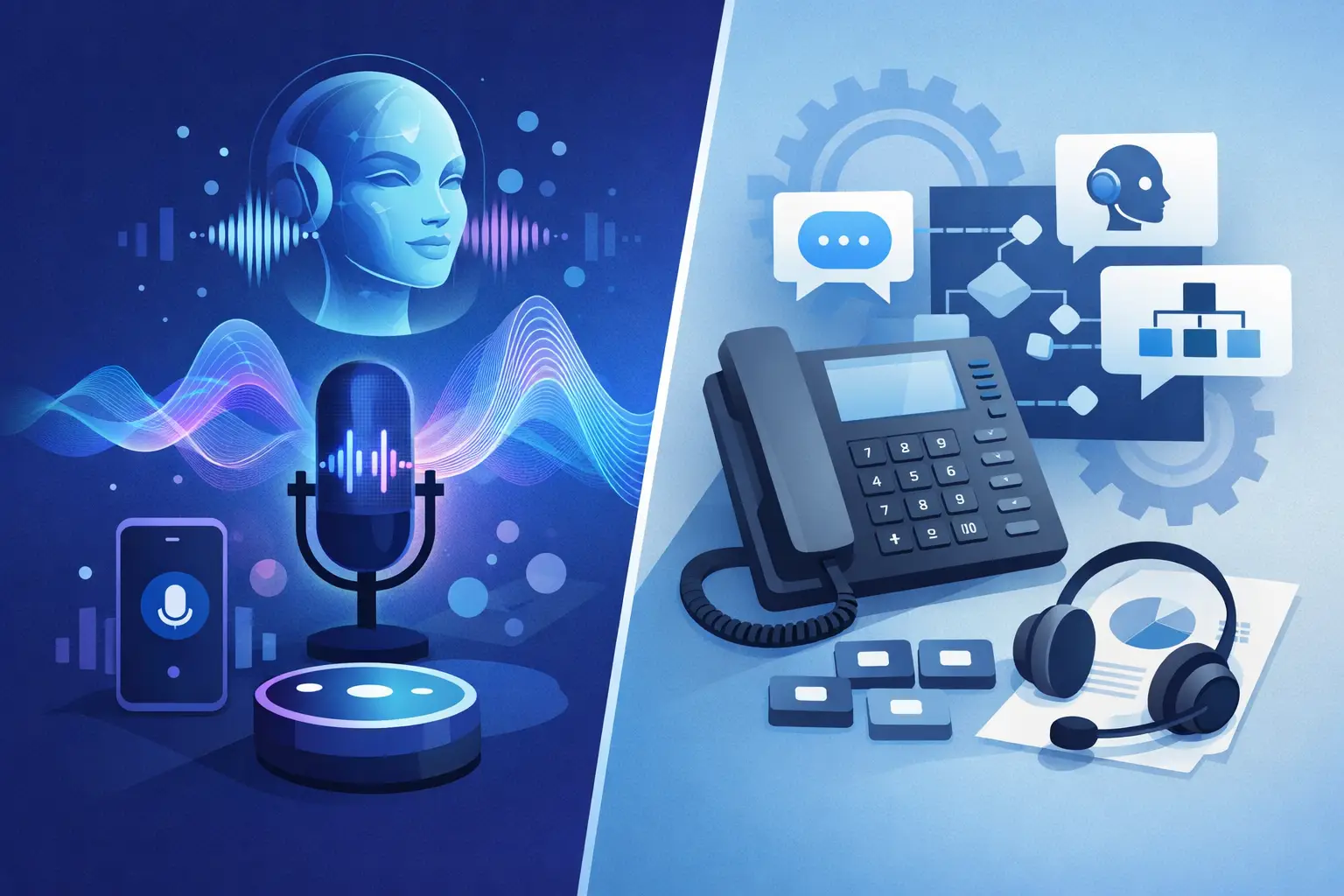 Side-by-side illustration comparing a conversational voice AI agent handling a caller and a traditional IVR phone menu with numbered options