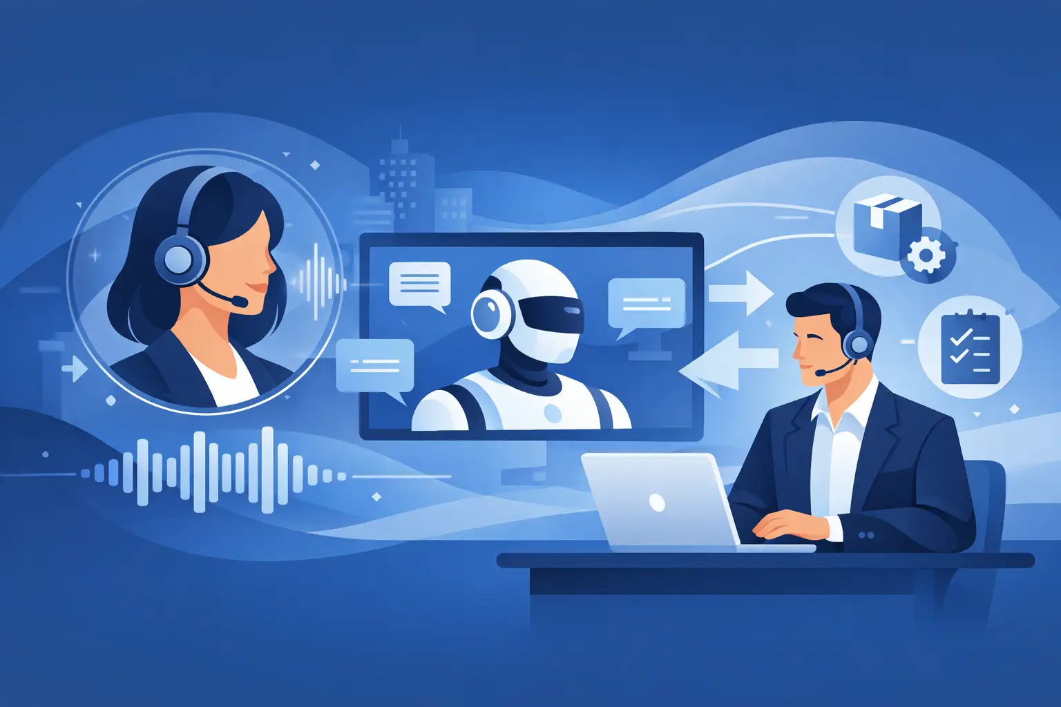 Business person speaking on a phone with AI waveform and interface overlays representing an AI voice agent handling calls