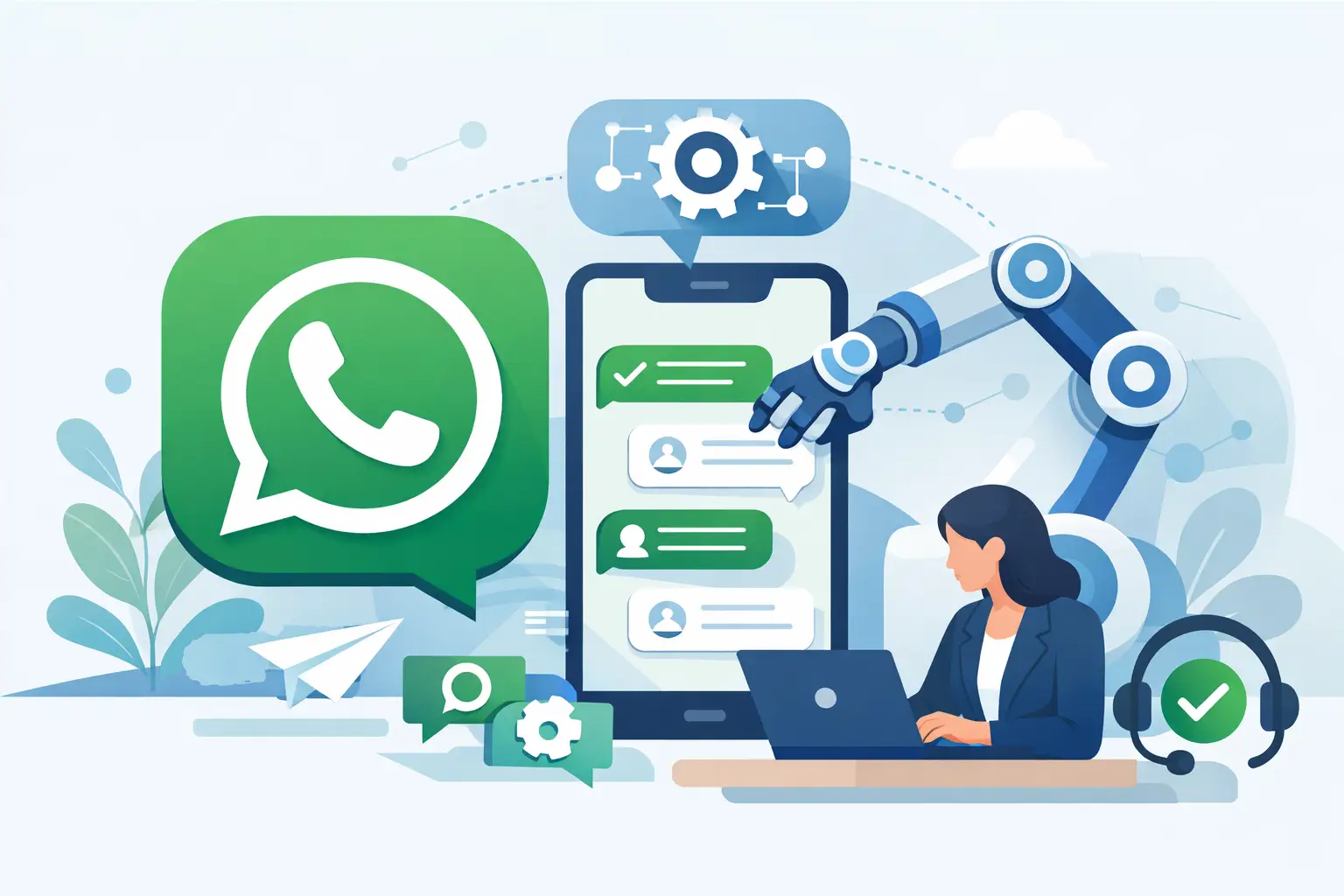 Smartphone showing a WhatsApp conversation with automated reply bubbles and icons for CRM, bookings, and workflow automation