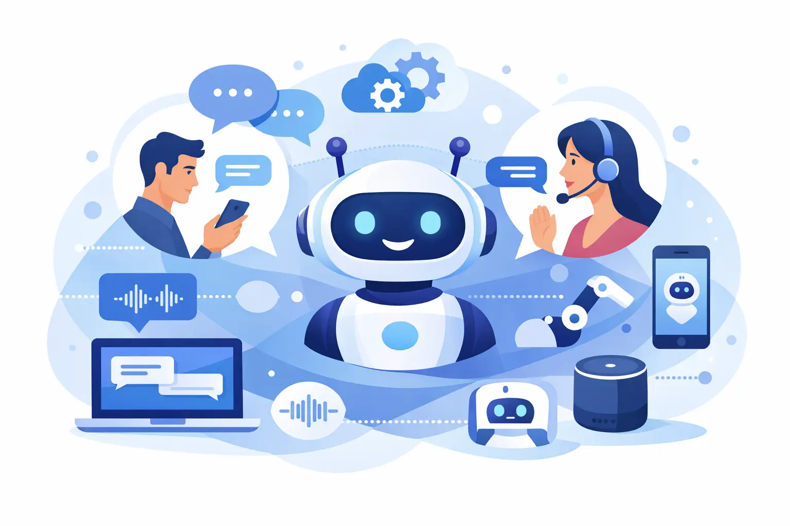 Diagram showing conversational AI connecting voice and chat channels to customer support systems and automation workflows