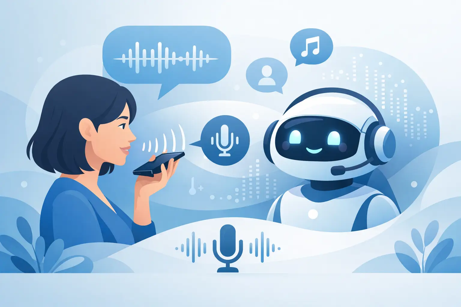 Person on a phone with a waveform and AI interface overlay representing a natural-sounding voice bot handling a live call