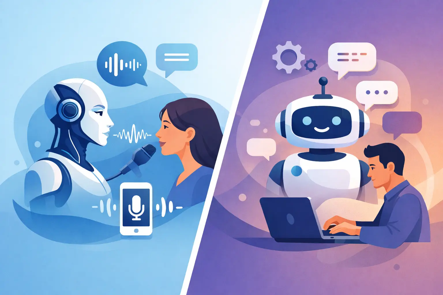 Illustration contrasting a voice AI agent handling a live phone call with a chatbot text conversation