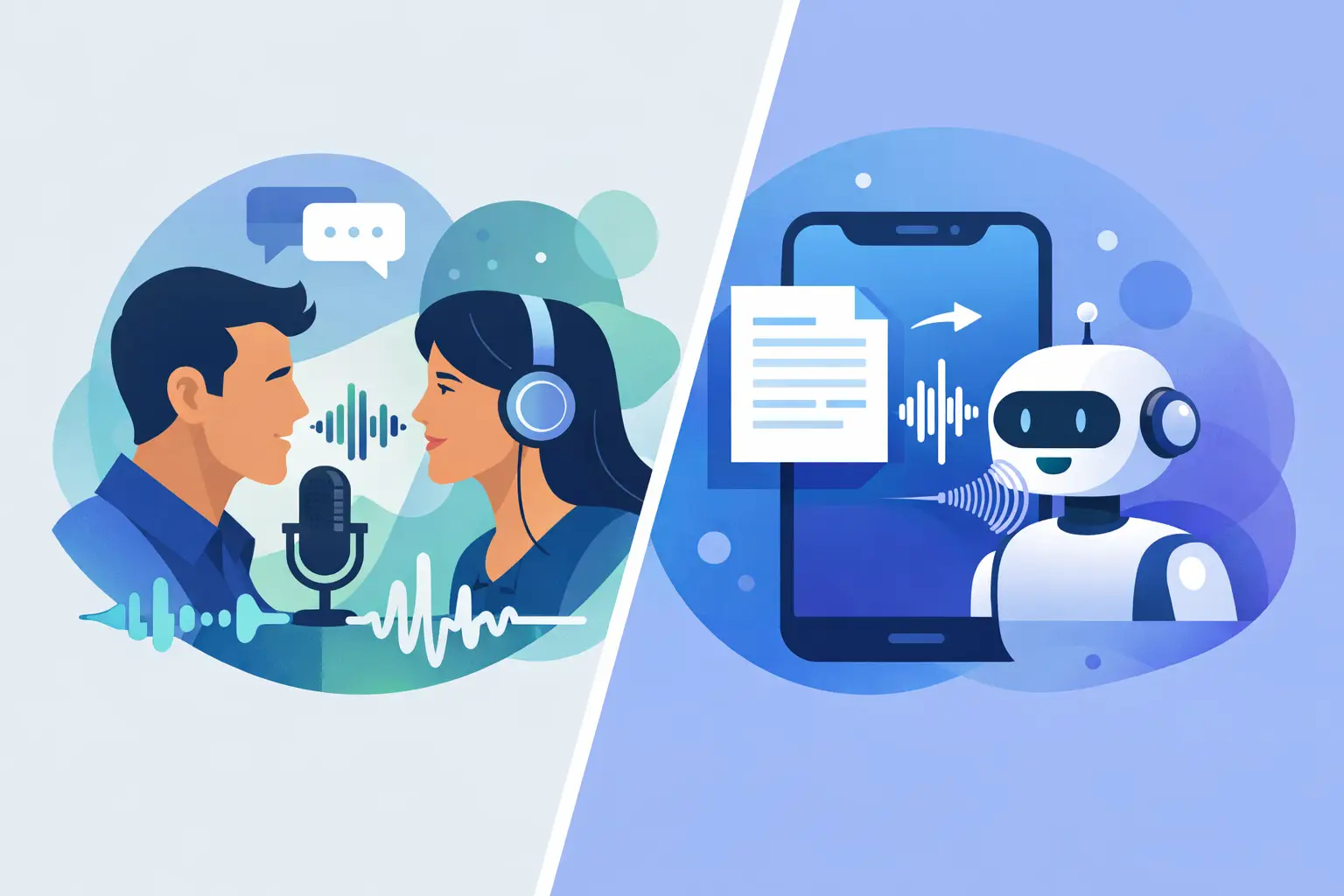 Split illustration comparing speech-to-speech real-time conversational AI with text-to-speech scripted voice playback in customer service calls