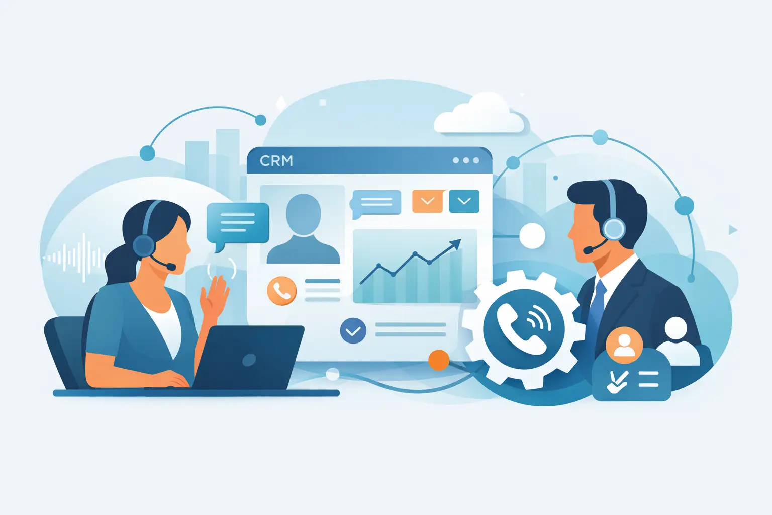 Phone call interface overlaying CRM customer data and call controls, illustrating a CRM-integrated voice agent connecting calls to records