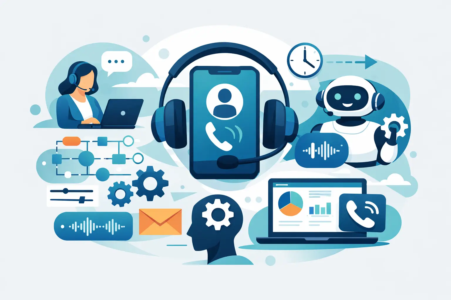 Concept illustration of inbound call automation showing a headset, phone waveform, and workflow icons linking CRM and calendar
