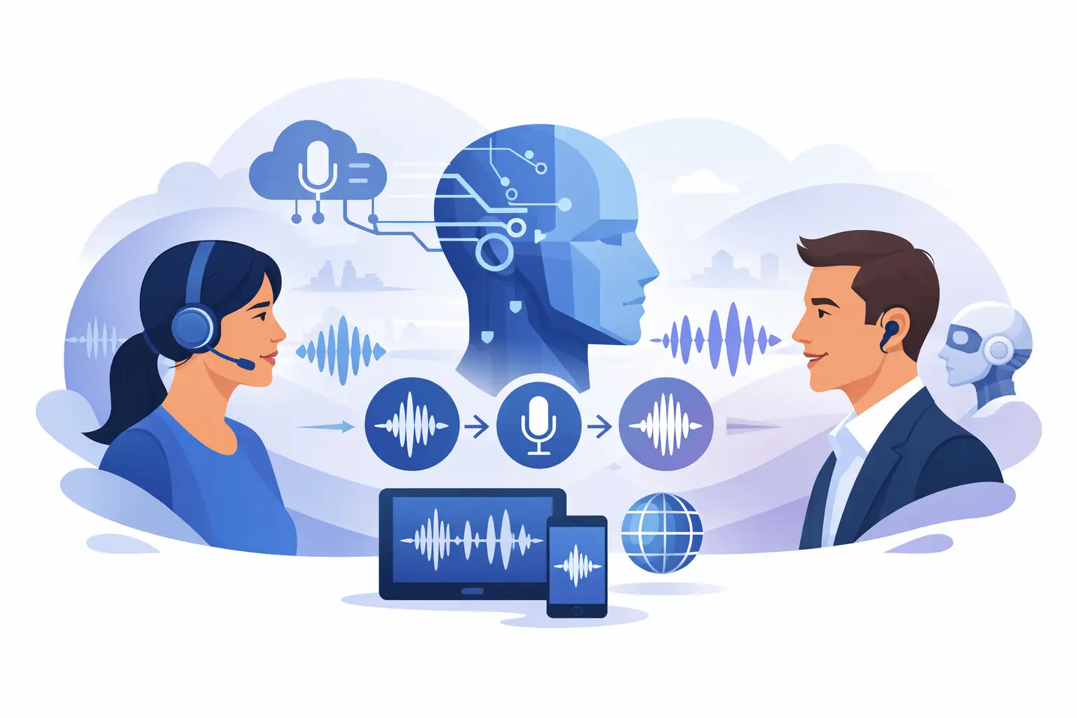 Silhouette of a customer on a phone with real-time audio waveforms and interface icons representing integrations and live conversational AI