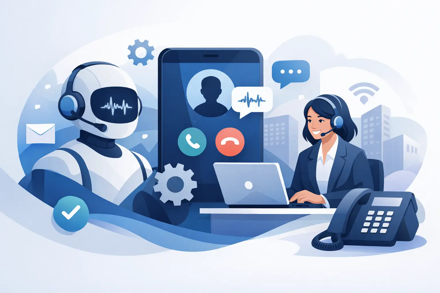 AI voice agent answering business phone calls on a smartphone and desktop, illustrating conversational call automation